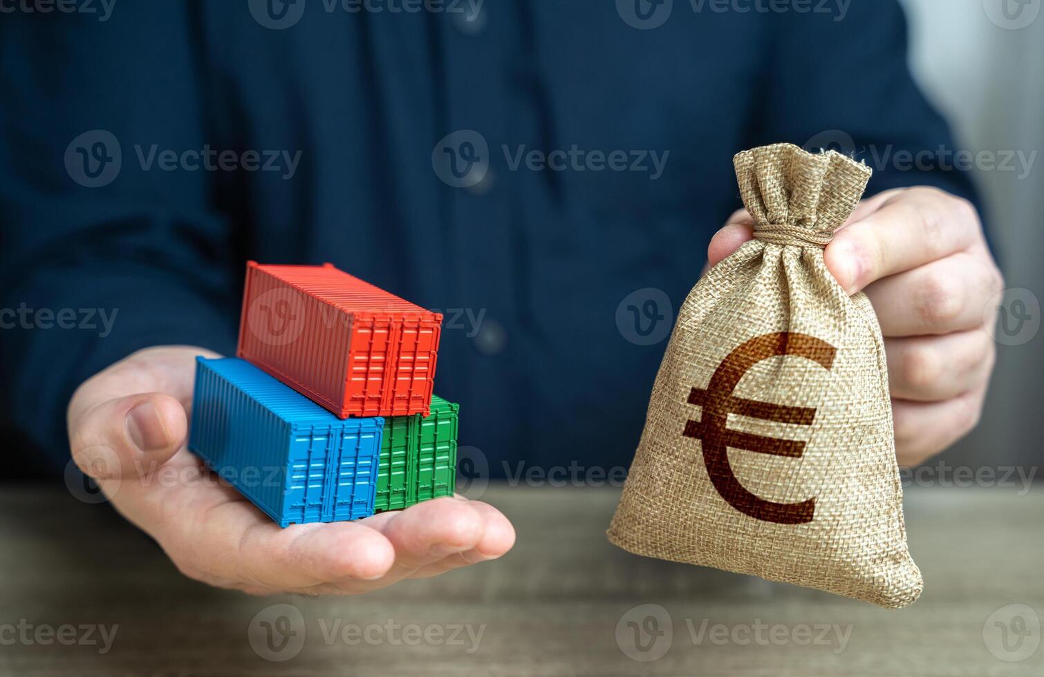 Shipping containers and euro money bag. Economic growth, increased production and development of transport infrastructure. Make a trade deal. Import and export. Profit from sales of goods. photo