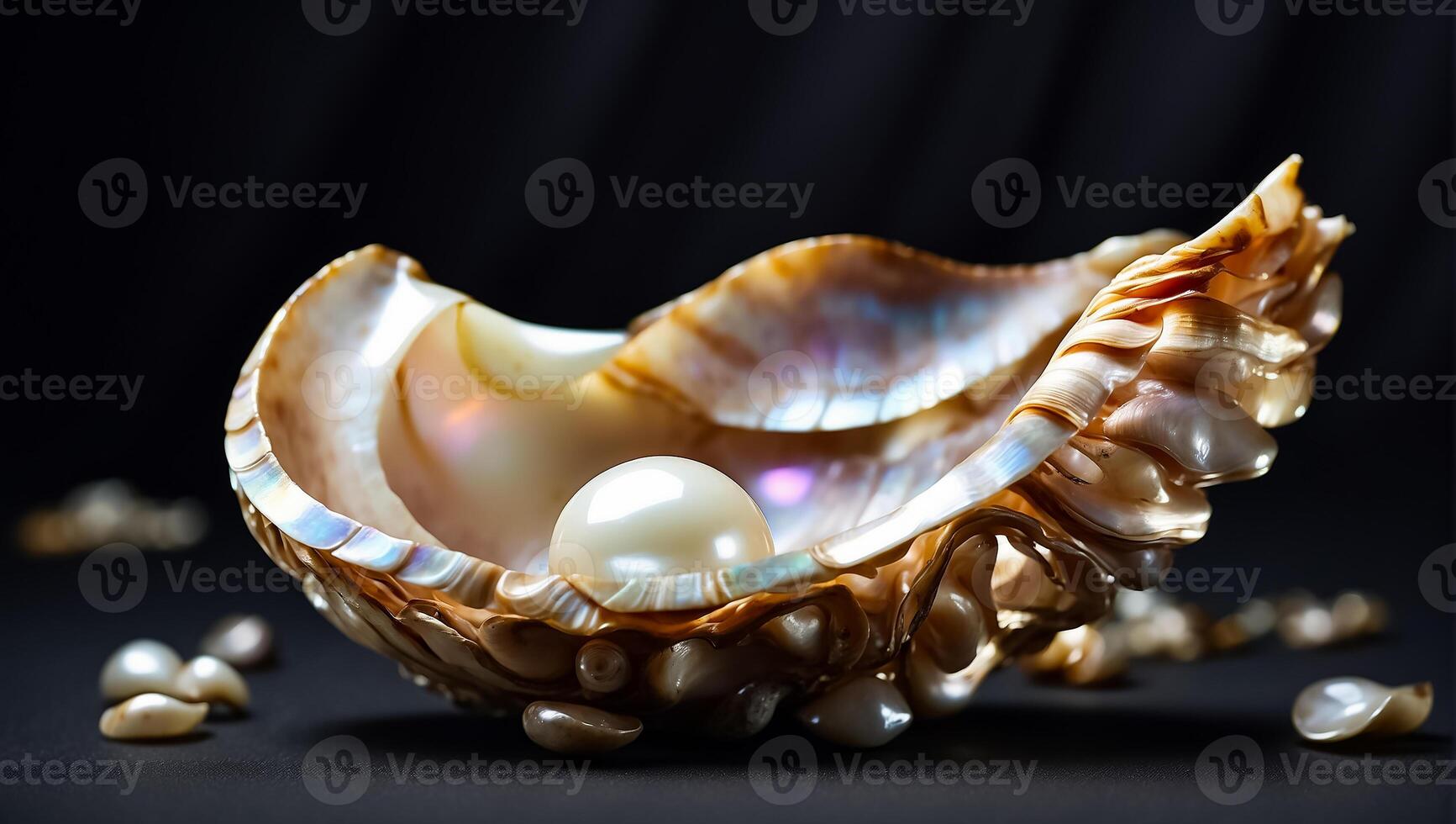 AI generated Beautiful shell with pearls on a dark background photo