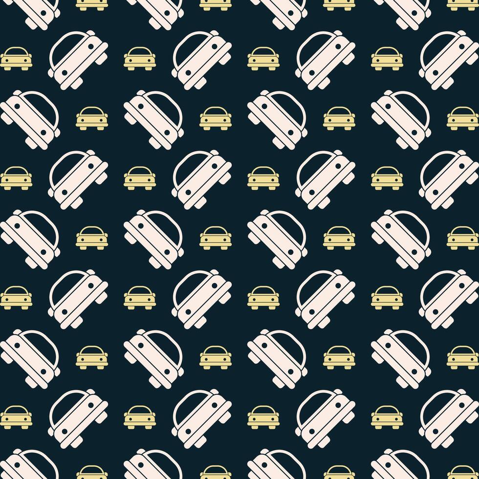 Cartoon car icon repeating trendy pattern colorful vector illustration dark background