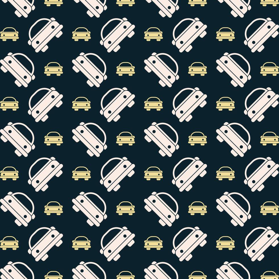 Cartoon car icon repeating trendy pattern colorful vector illustration dark background