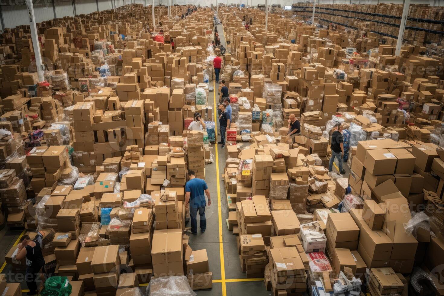 AI generated A huge number of boxes at the sorting center storehouse. Creating an organized chaos of packages waiting to be dispatched. Systematic arrangement of parcels. Timely and accurate delivery. photo