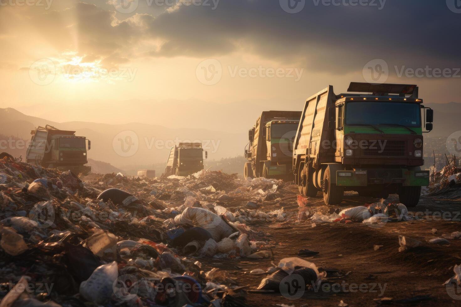 AI generated A line of garbage trucks full of garbage at a landfill. Challenge of waste management and environmental responsibility. Disposal. Environmental pollution. Recycling required photo