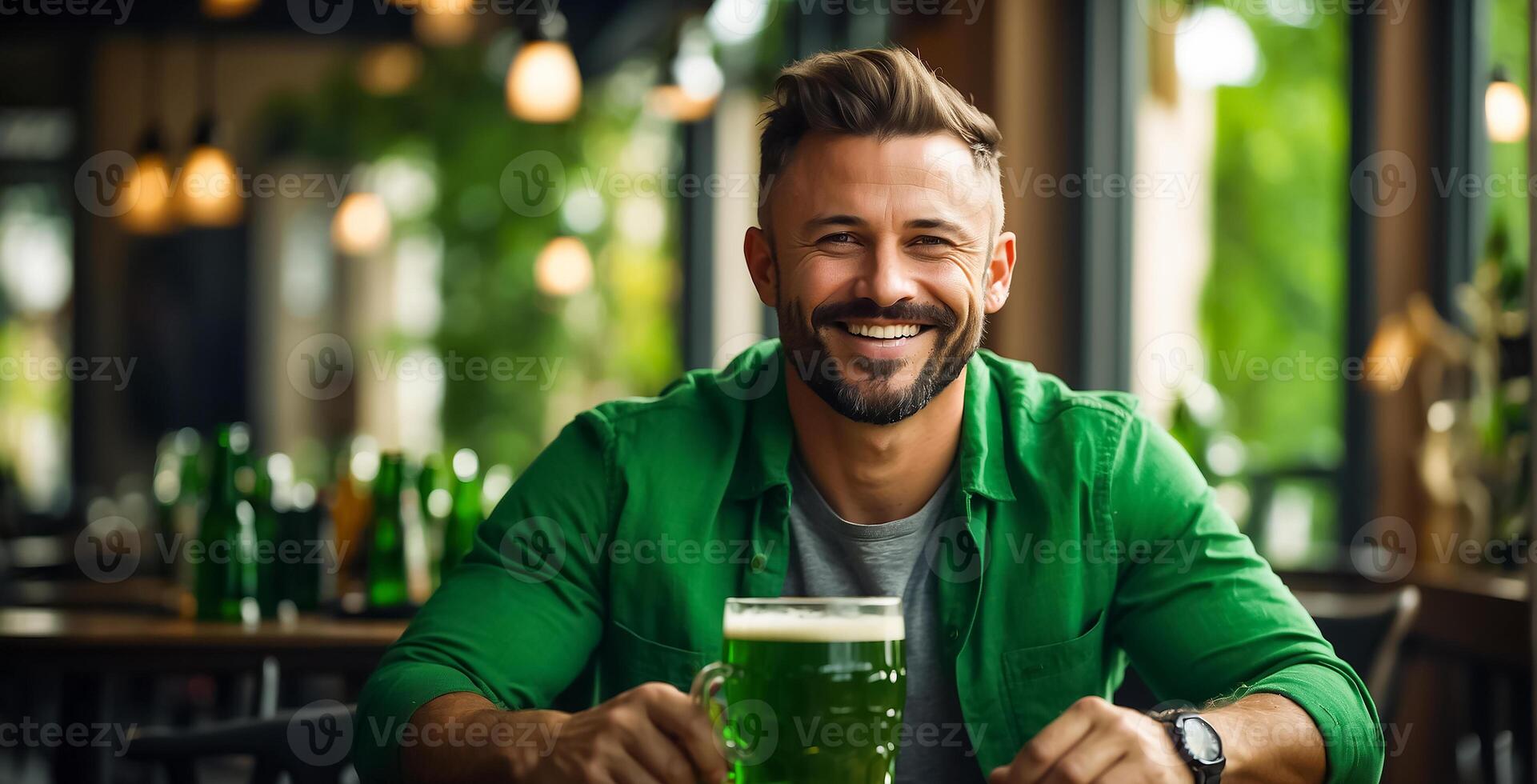 AI generated Man with Glass of Green Beer at Bar photo