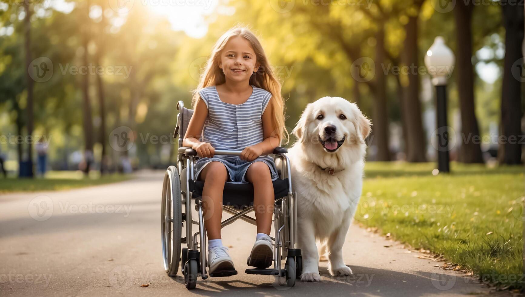 ai generado pequeño niña en un silla de ruedas en el calle con un perro foto