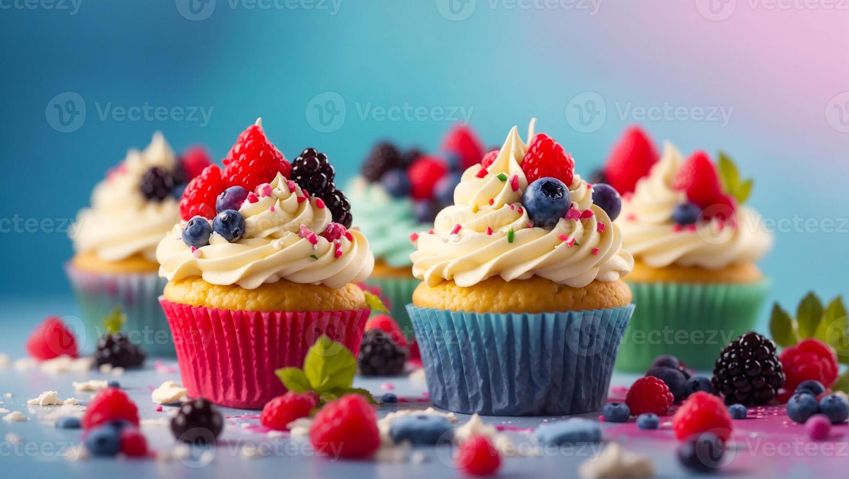 AI generated Cupcakes with berries photo