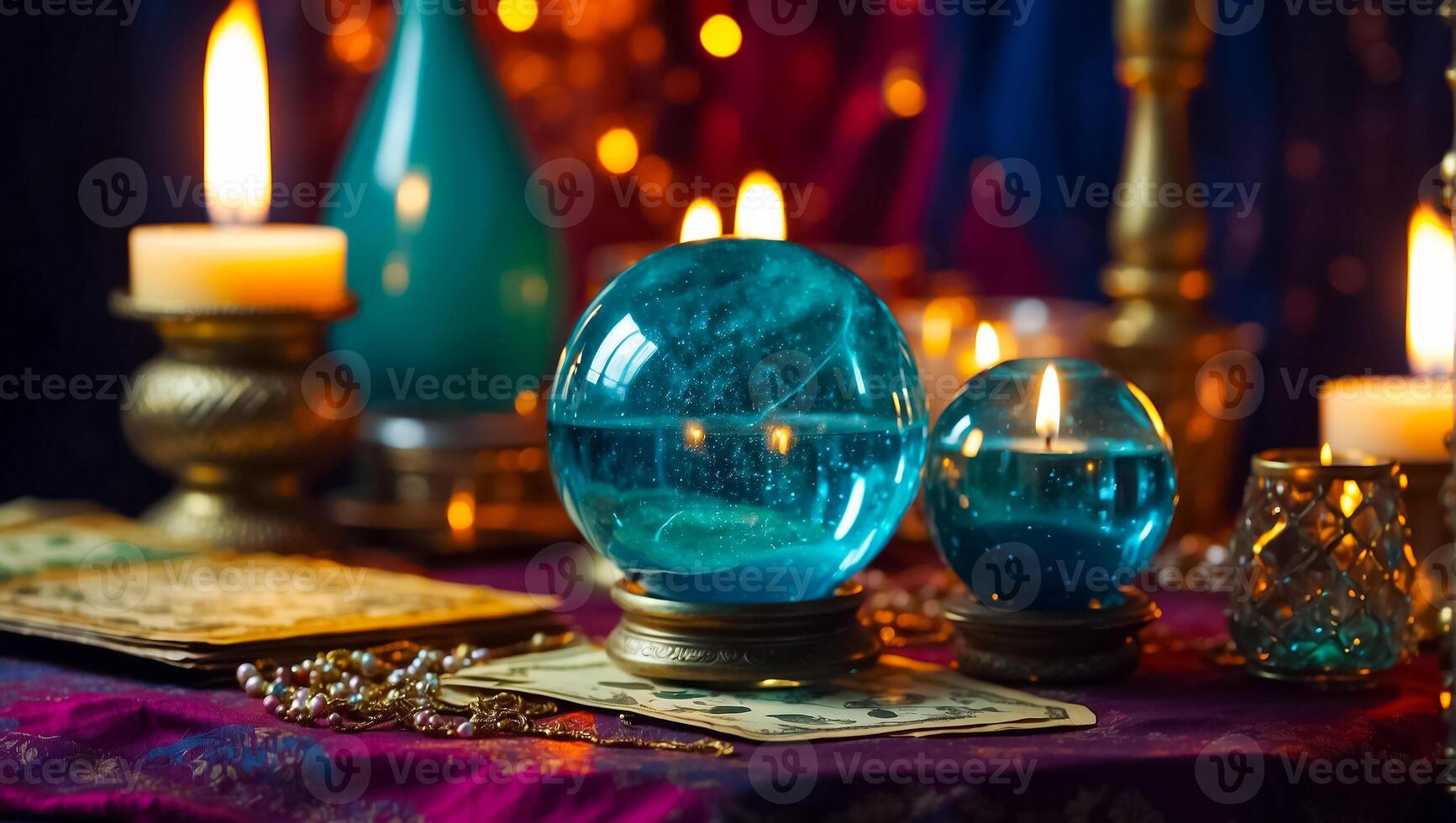 AI generated Magic ball, candles background photo