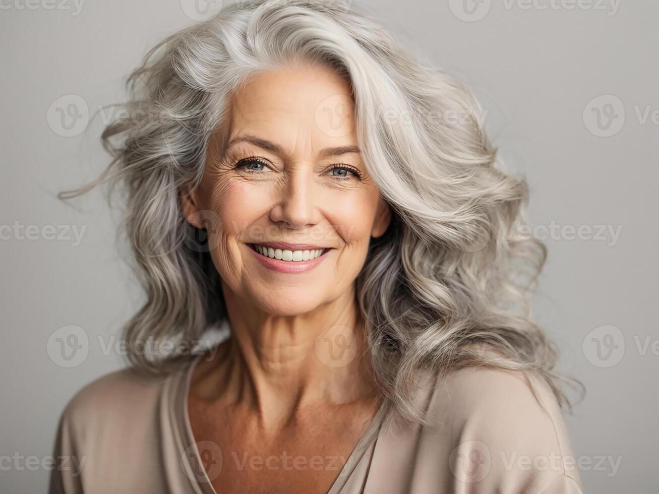 ai generado hermosa mayor mujer con gris pelo foto