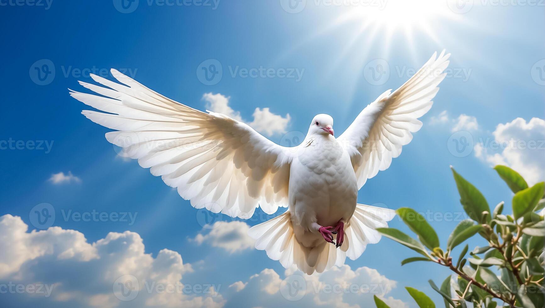 AI generated White dove against the sky with clouds, branch photo