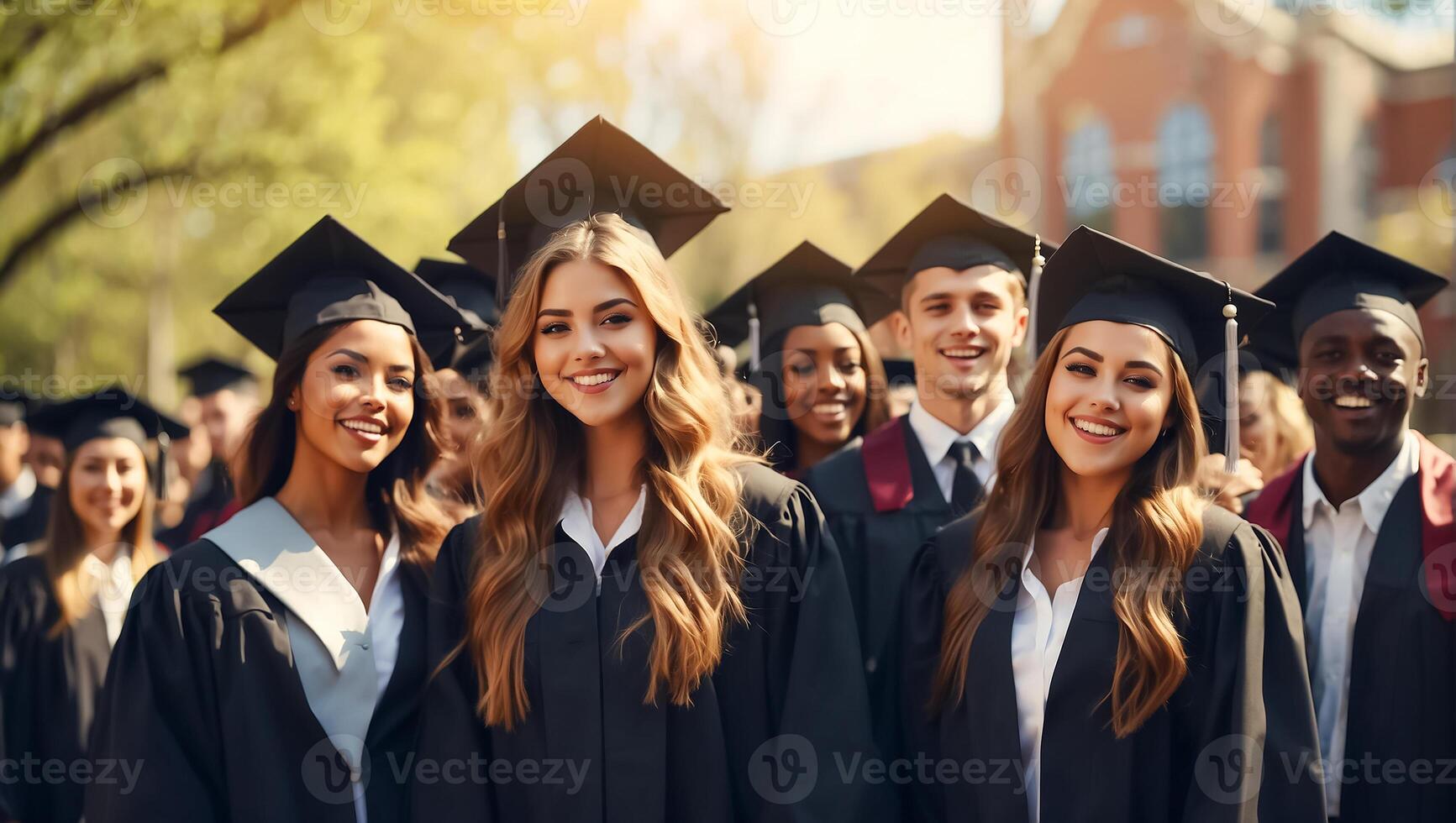 AI generated Group of young people wearing a bachelor's cap on the street photo