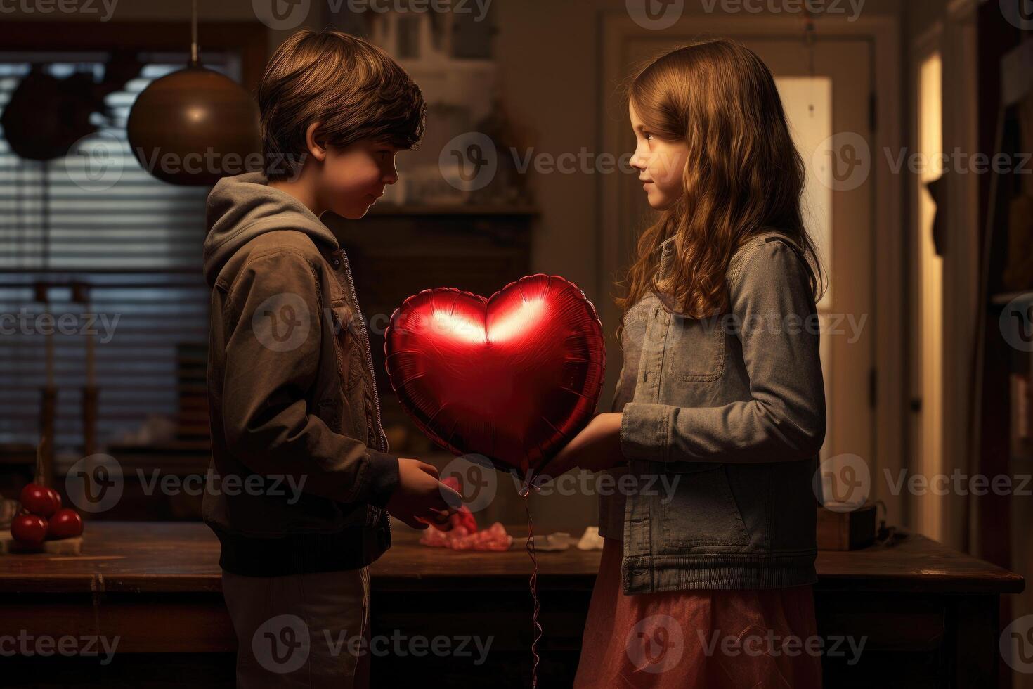 AI generated Boy gives girl a heart for Valentine's Day. Friendship and romance. Celebrating Valentine's Day. Reveal your feelings. photo