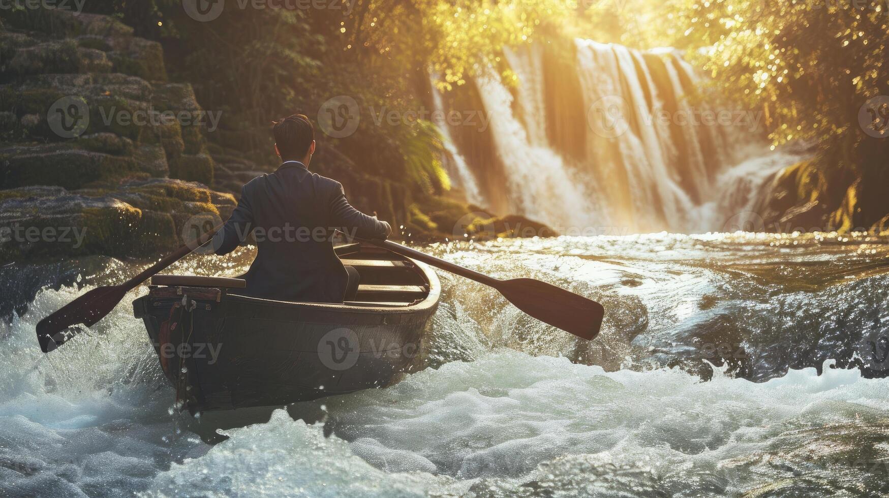 AI generated A businessman on a rowboat sails to a waterfall. The road to success contains difficulties and challenges that need to be overcome. Career development. Promotion. photo