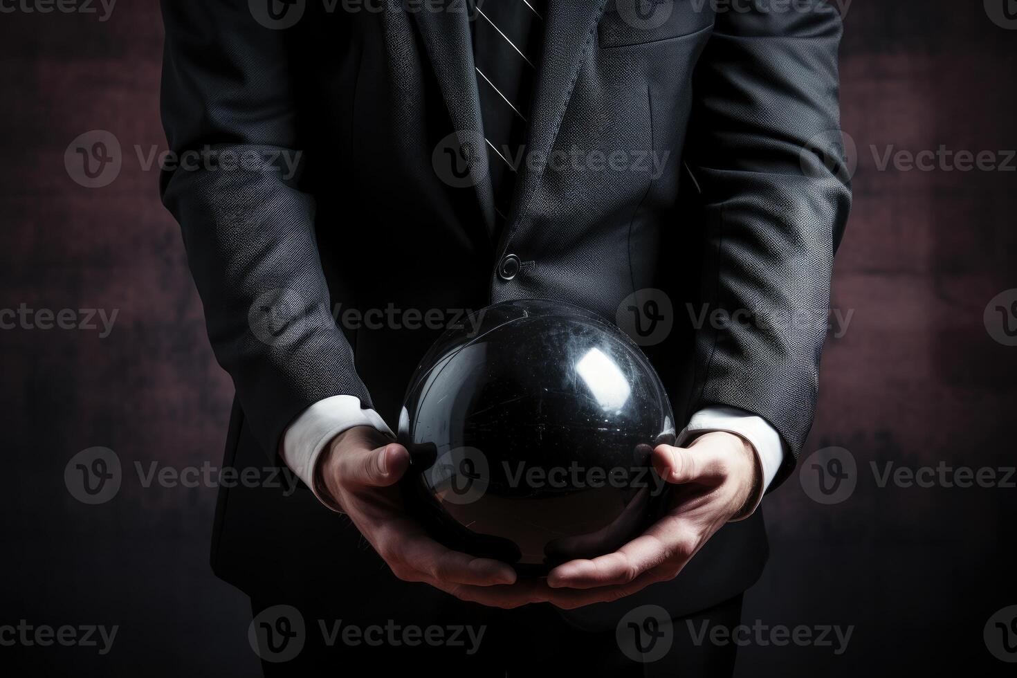 AI generated Businessman holding a black weight ball. Unpaid debts. Obligations under the terms of the contract. Guilt and psychological dependence. Meekness and timidity. photo