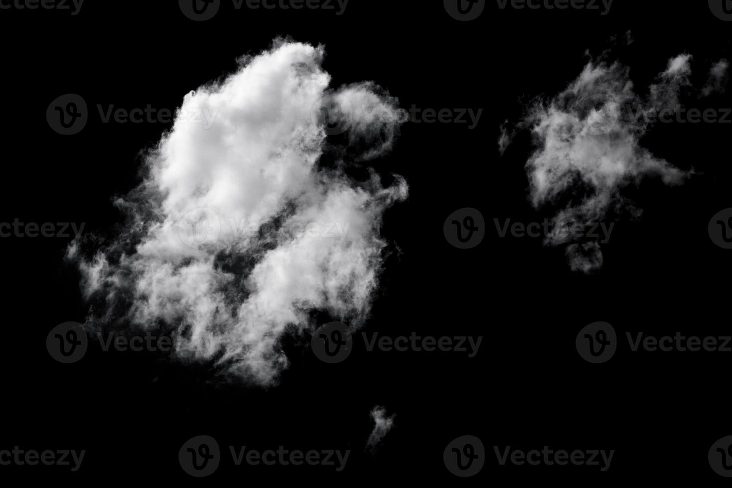 White light clouds isolated on black background. Climate, metrology, design element photo