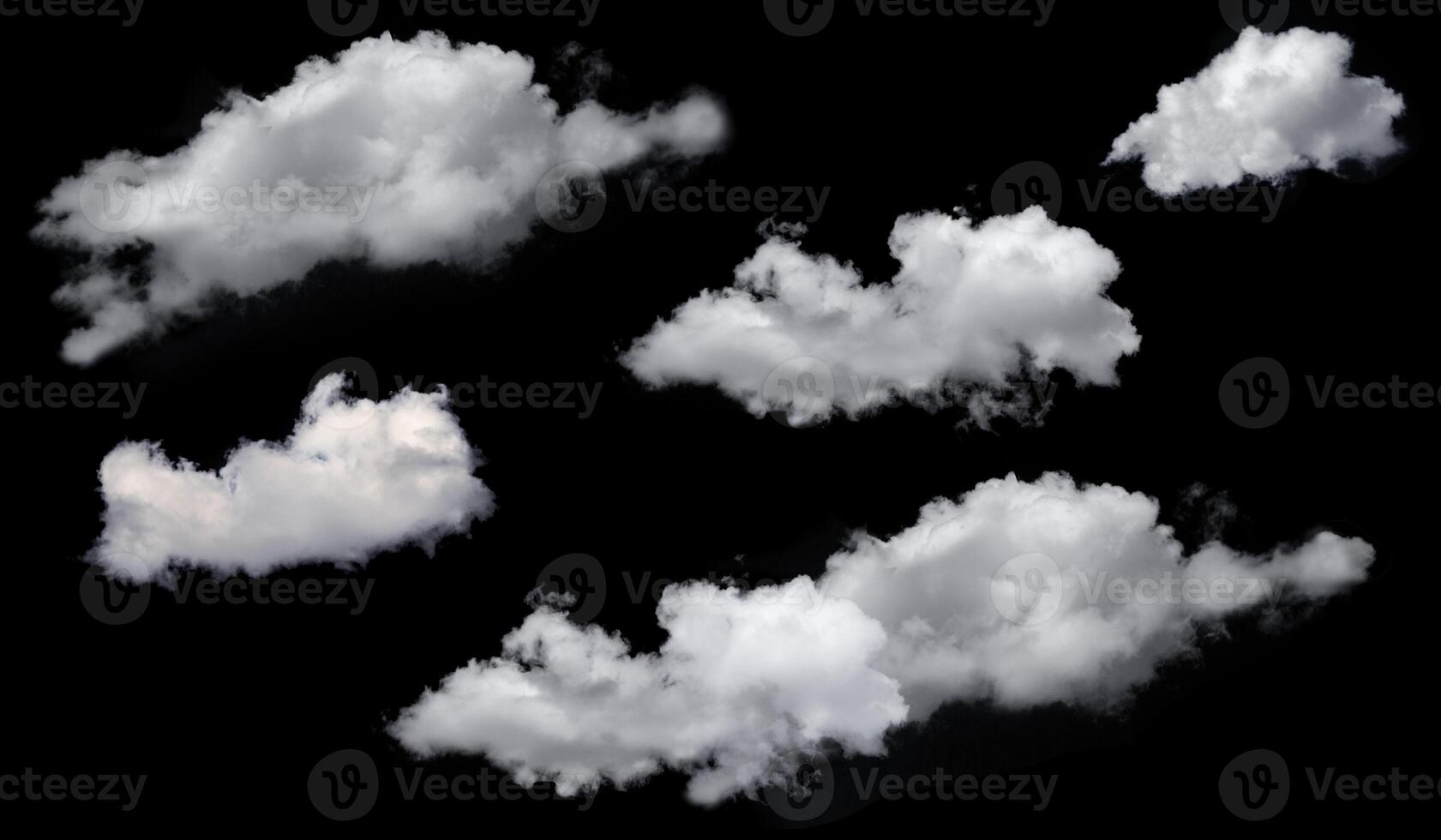 Set collection of white long cumulus clouds isolated on black background. Climate, metrology, design element, brush photo