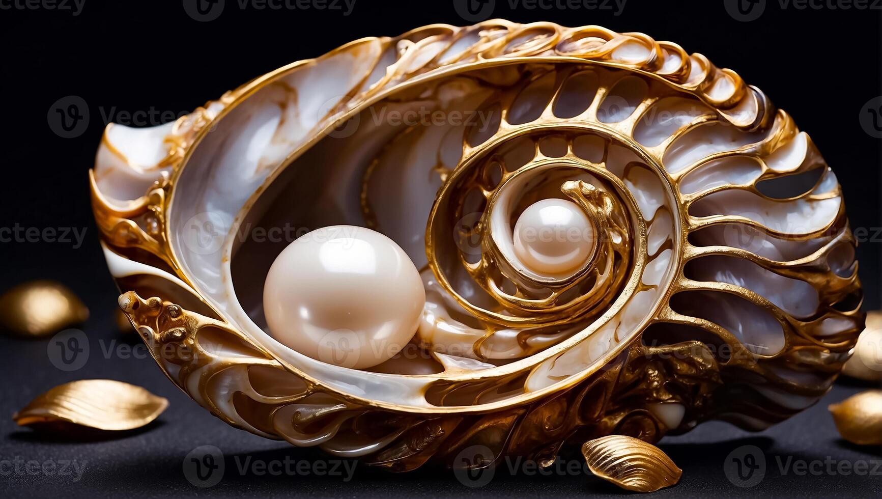 AI generated Beautiful shell with pearls on a dark background photo