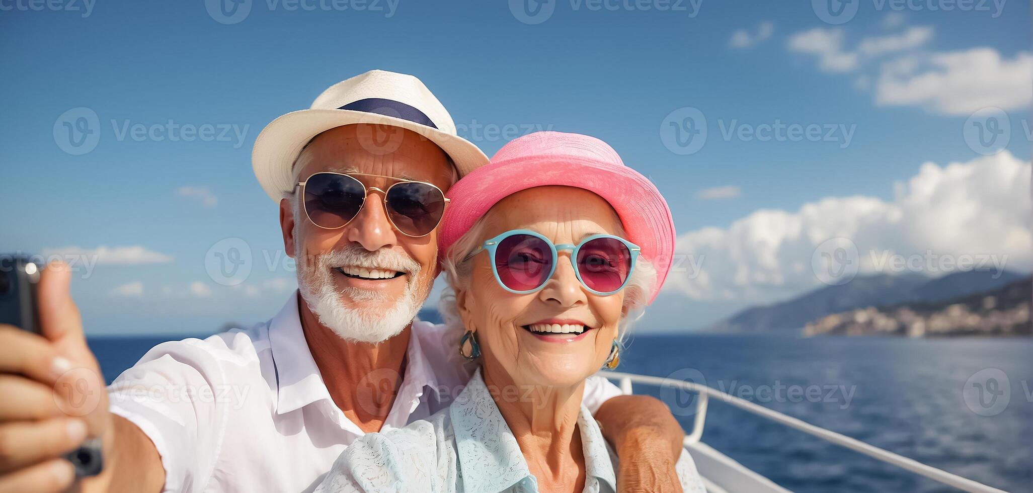 ai generado retrato de contento mayor personas en vacaciones a mar foto