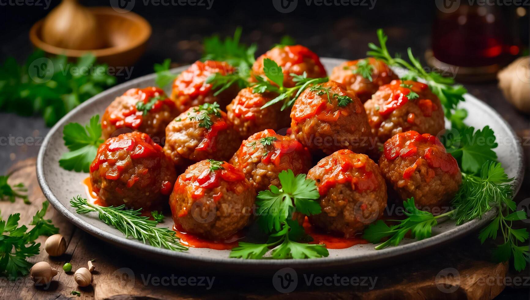 AI generated Delicious appetizing meatballs in tomato sauce on the table photo
