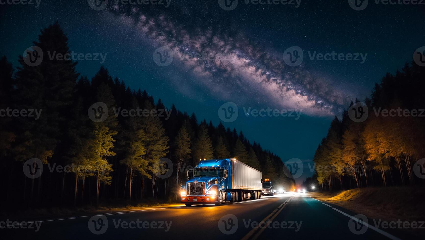 ai generado moderno camión conducción en el la carretera a noche en verano foto