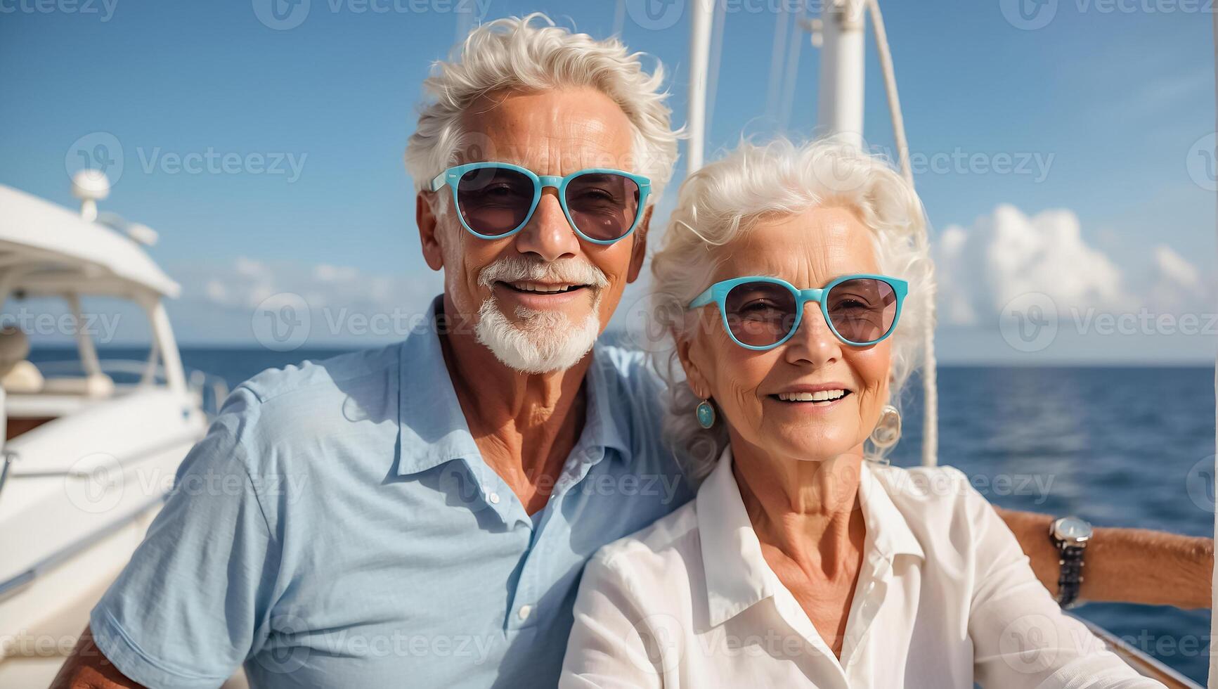 AI generated Portrait of happy elderly people on vacation at sea photo