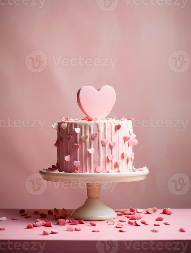 ai generado san valentin día rosado pastel con corazón en redondo estar con minimalista antecedentes. sencillo saludo tarjeta y invitación con mariposa. primavera bodas y cumpleaños modelo con Copiar espacio foto