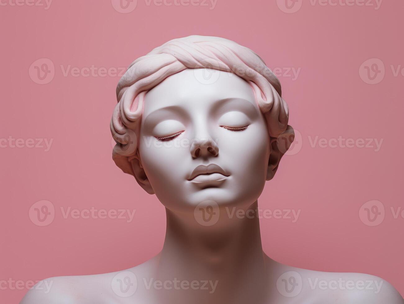 AI generated Greek Sculpture of Woman face on pink pastel y2k background. Antique beautiful female goddess with close eyes. Ancient girl Statue in profile in minimalistic modern trendy style photo