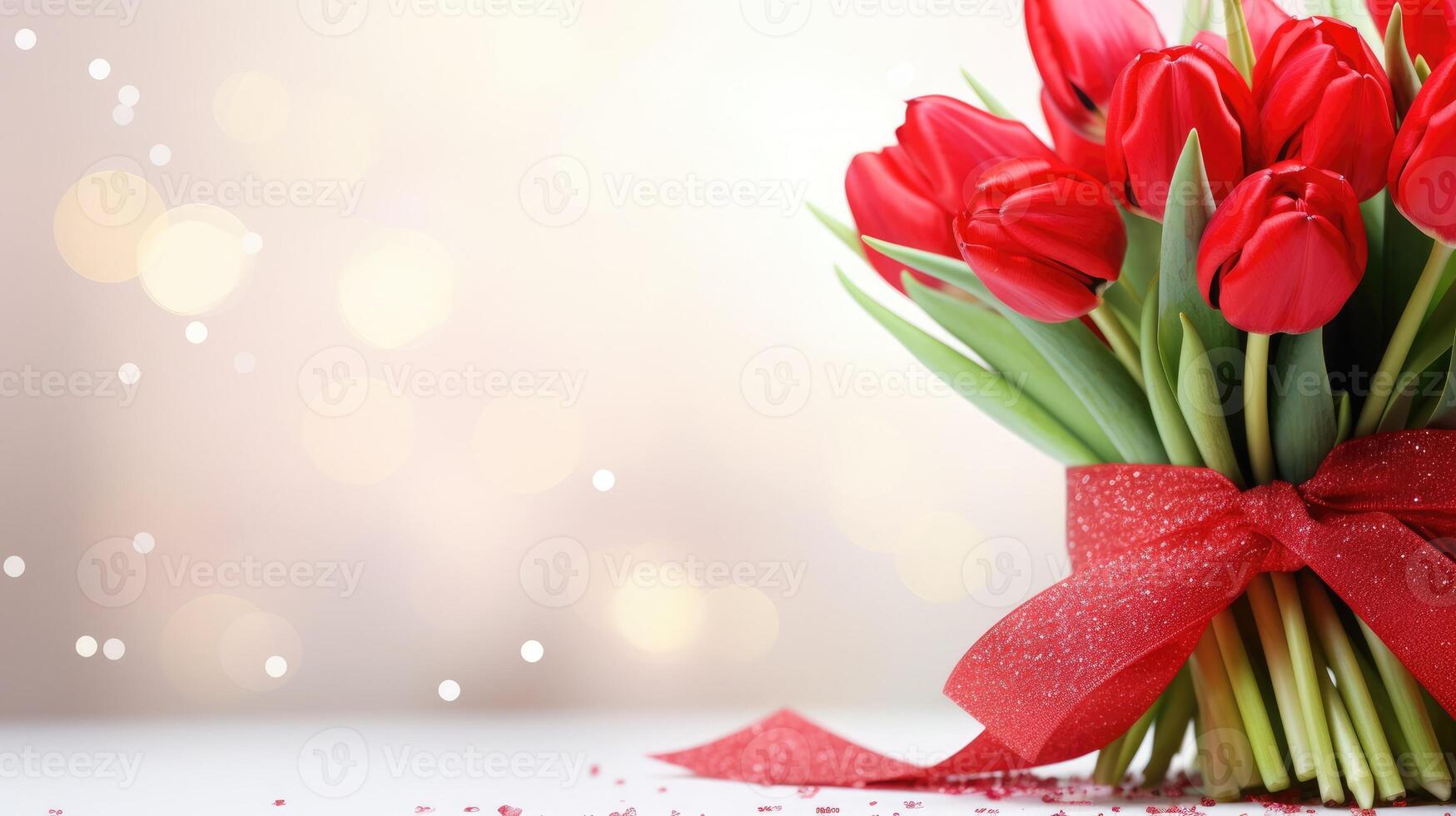 AI generated Red tulips Banner with copy space.. Happy Mother's, Women's Day background with Spring Flowers. Floral composition with empty place for text. Bouquet with ribbon bow on glitter blurred photo