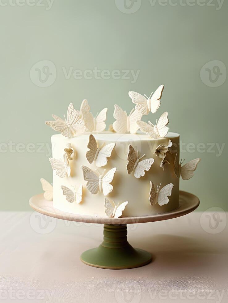 AI generated White Cake on round plate with sugar figures of Butterflies. Minimalist luxury green style of Homemade sweets. Summer holidays and birthdays greeting card photo