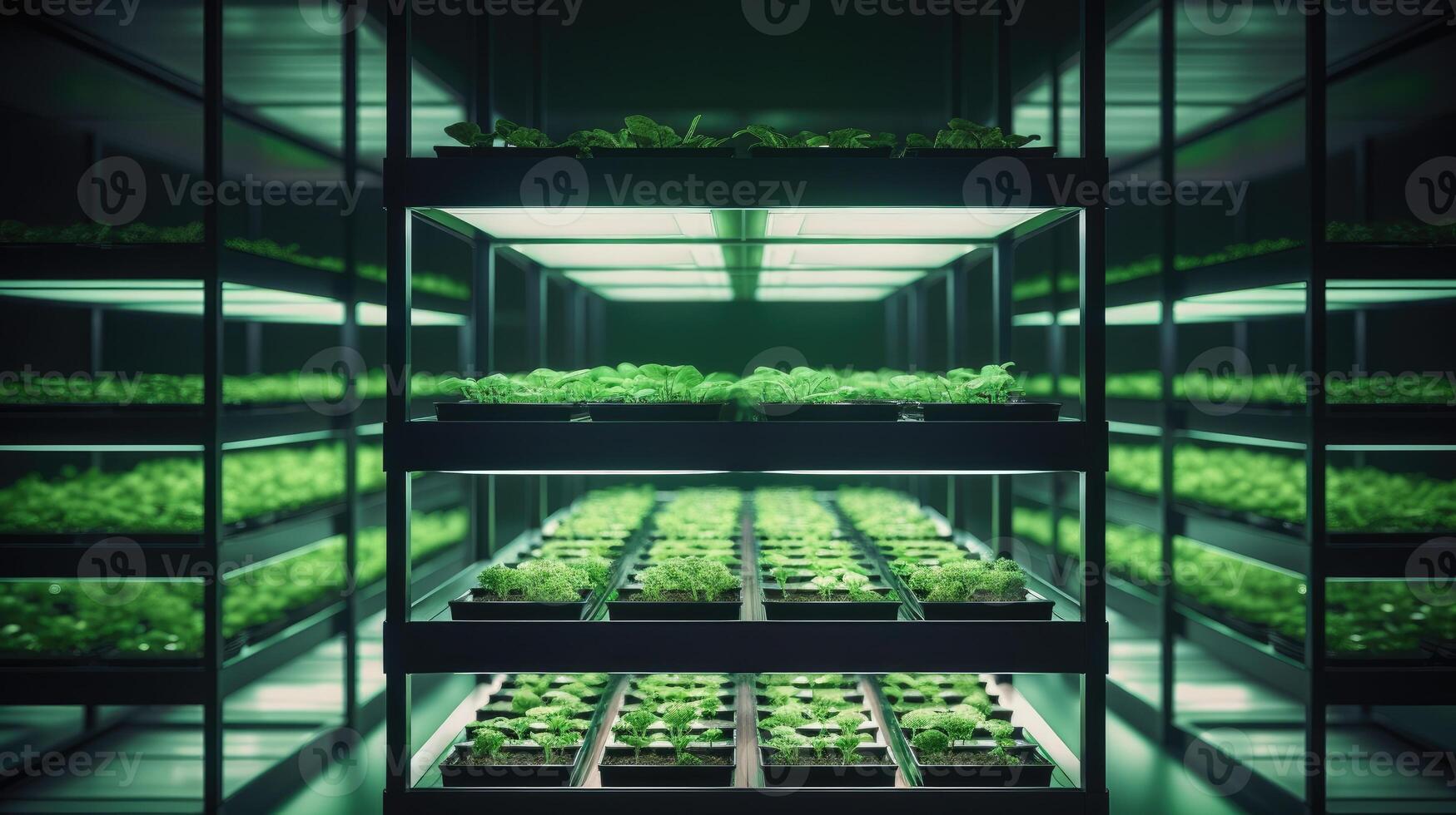 AI generated Vertical farming greenhouse. Macro and micro business of plants. Microgreens grow under LED lights. Indoor racks full of greens vertically. Eco products, healthy eating and super food photo
