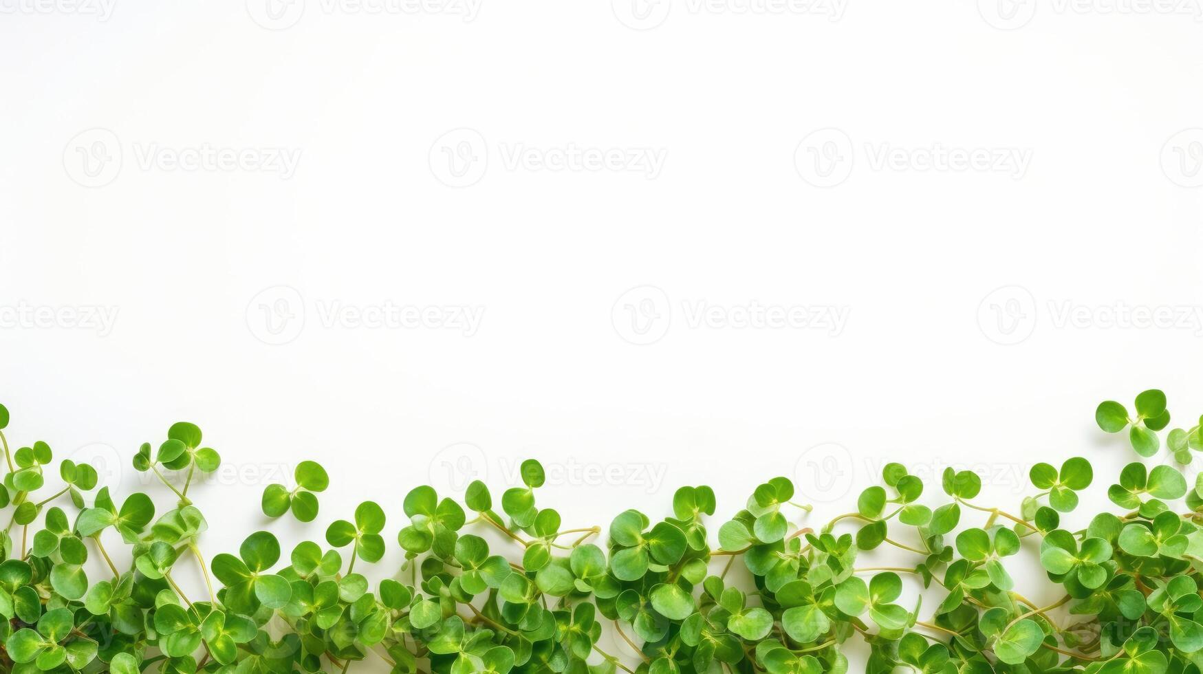 Greenery white background with copyspace. Macro Business banner of Eco plants and herbs with blank place for text. Closeup Fresh Micro greens and superfood with copy space photo