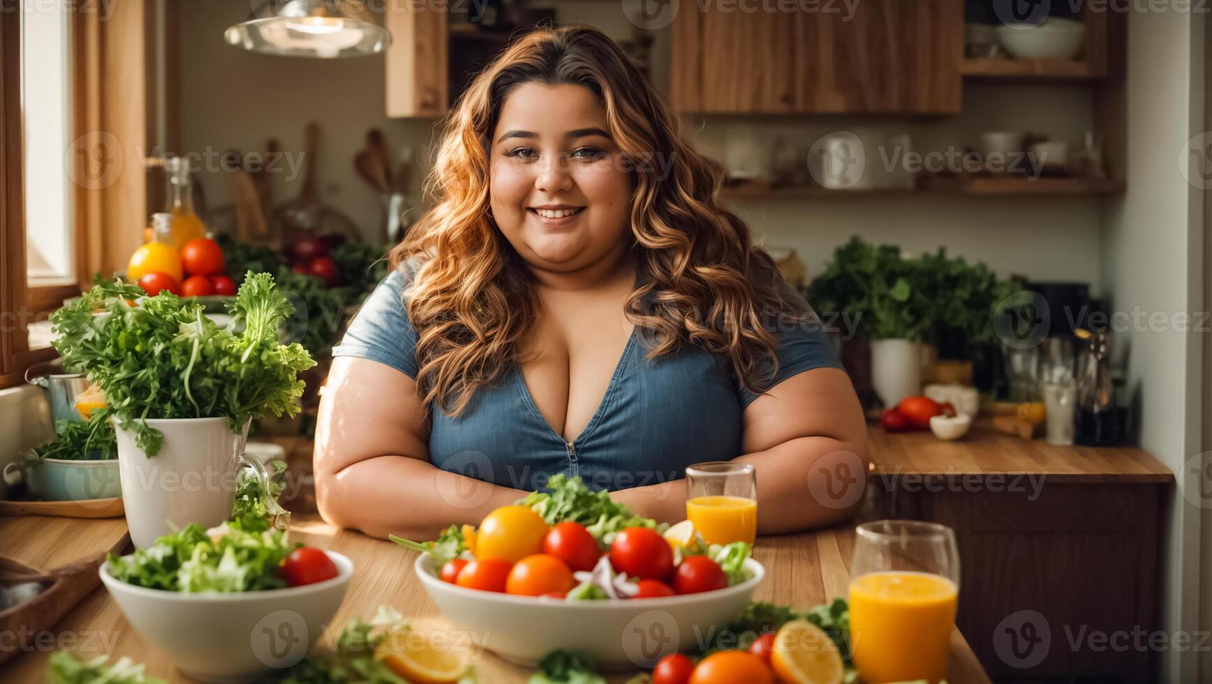 ai generado muy grasa mujer en el cocina con verduras, peso pérdida concepto foto