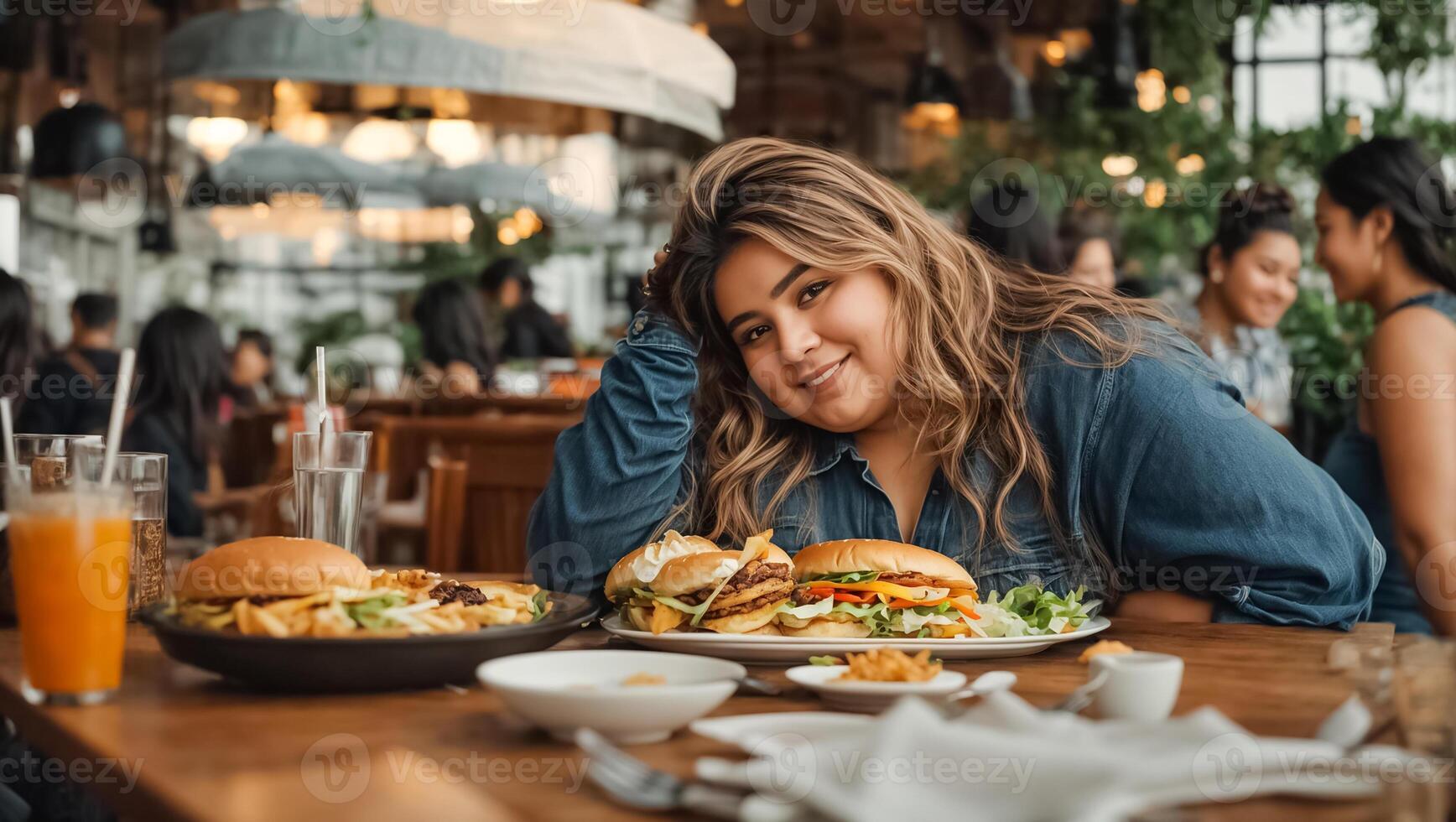 AI generated Portrait of a very fat woman in a cafe photo