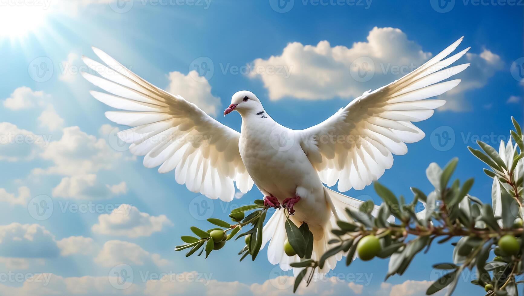 AI generated White dove against the sky with clouds, branch photo