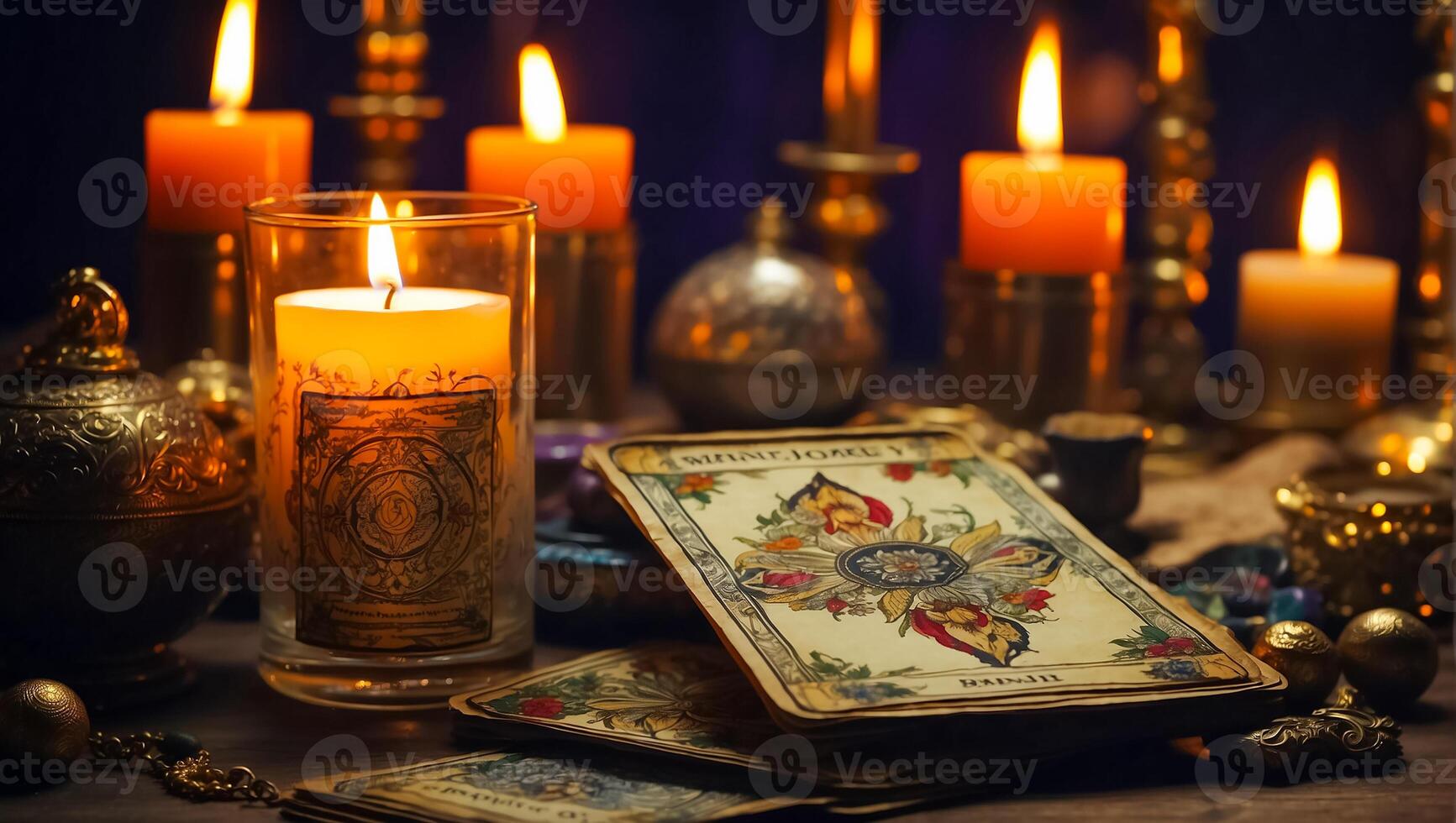 AI generated Tarot cards, candles background photo