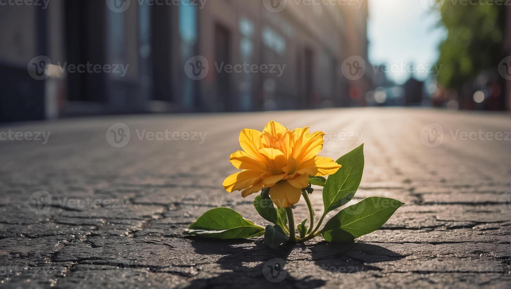 AI generated beautiful lonely flower grows from asphalt photo