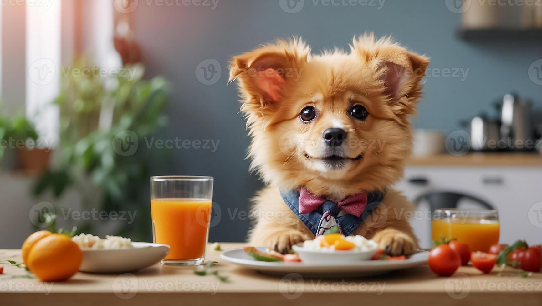 AI generated Cute dog sitting in the kitchen at the table photo