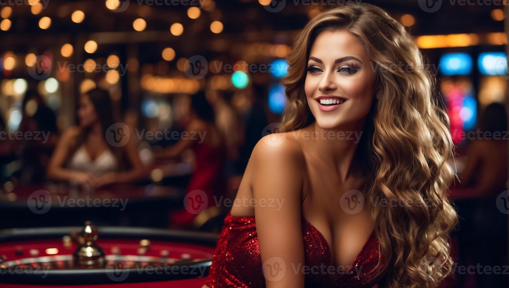 ai generado hermosa niña en un casino foto