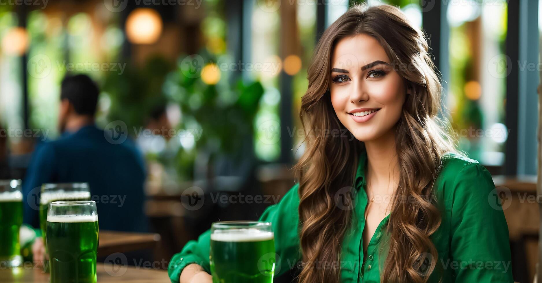 AI generated Beautiful girl with a glass of green beer in a bar photo