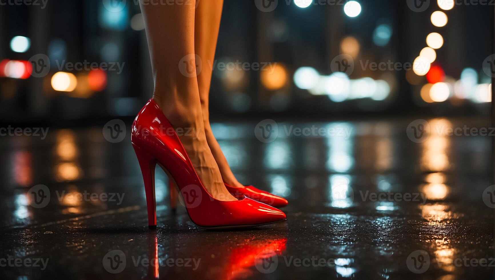 AI generated Female legs in beautiful red patent leather stilettos at night photo
