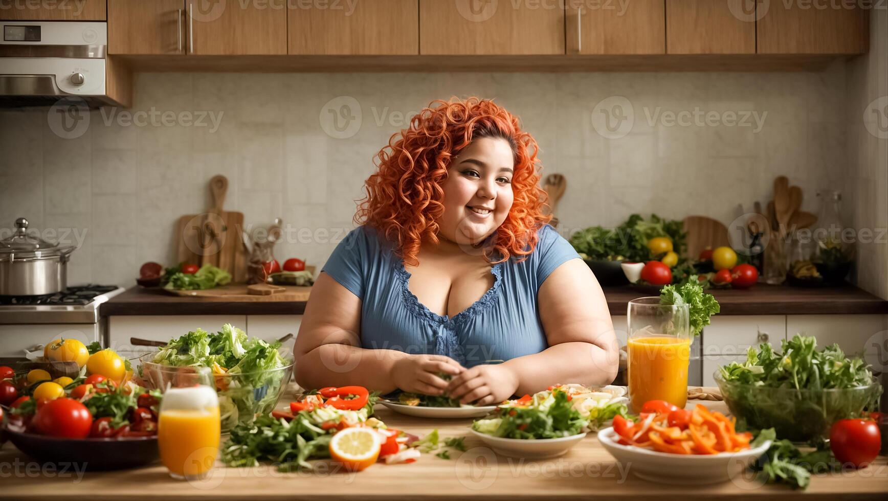 AI generated Very fat woman in the kitchen with vegetables, weight loss concept photo