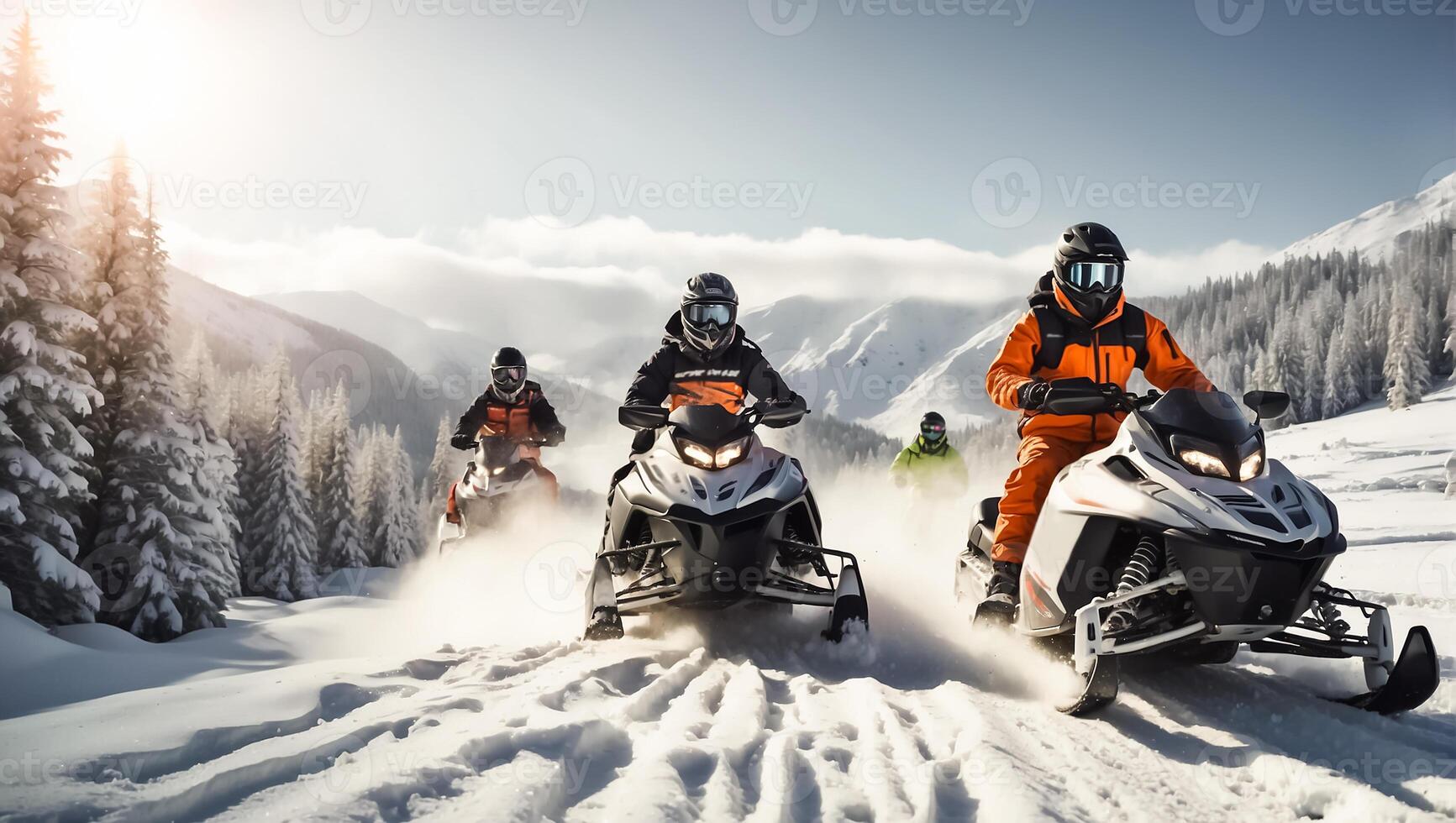 AI generated Racers ride a snowmobile in a winter suit in a beautiful magnificent snowy forest, mountains photo