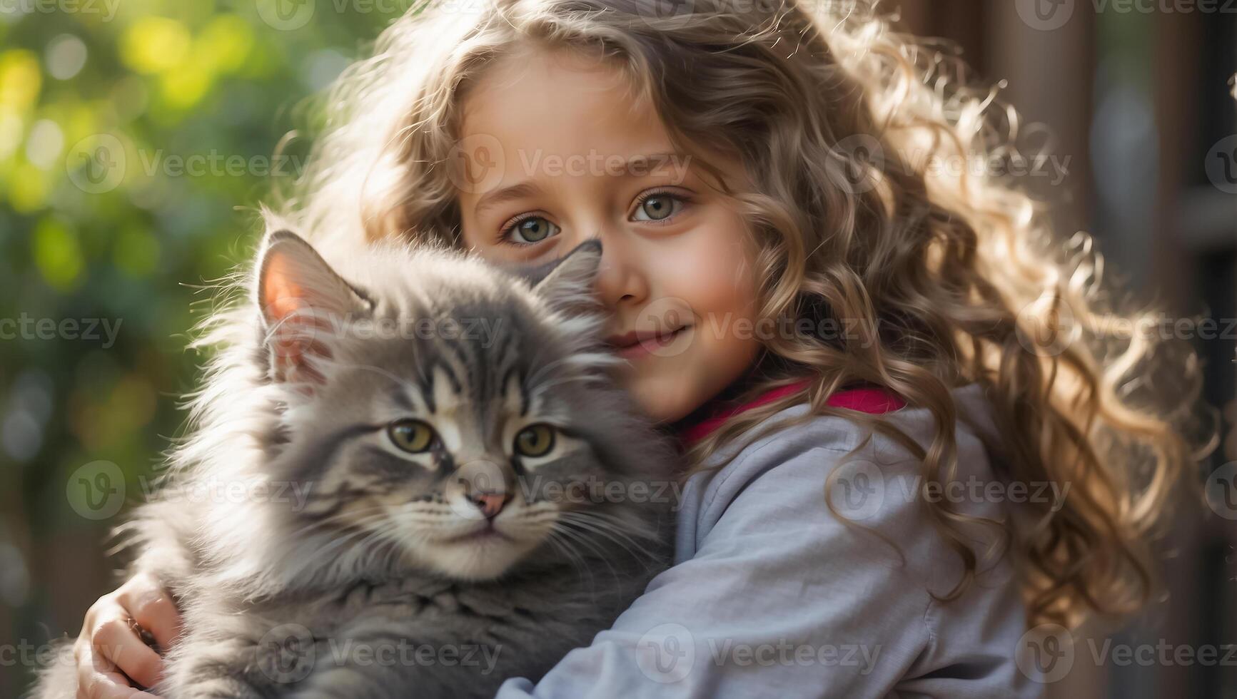 AI generated Little girl with cute cat outdoor portrait photo