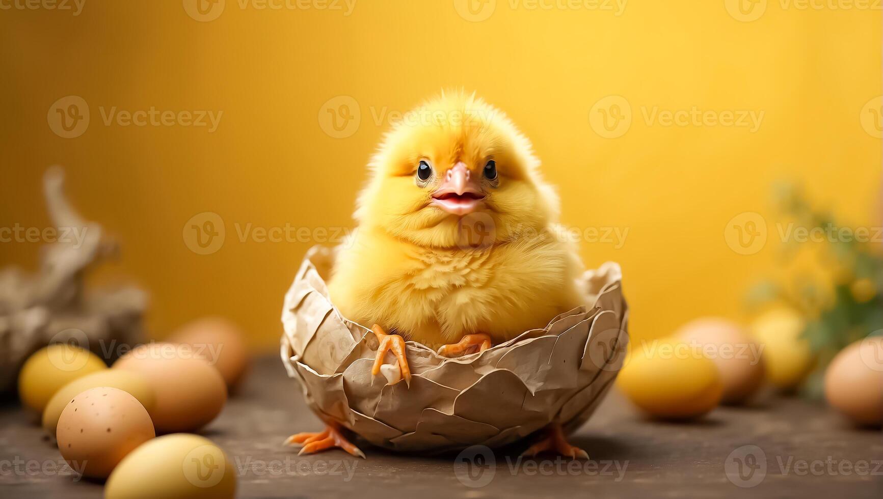 AI generated Cute fluffy shell chicken on color background photo