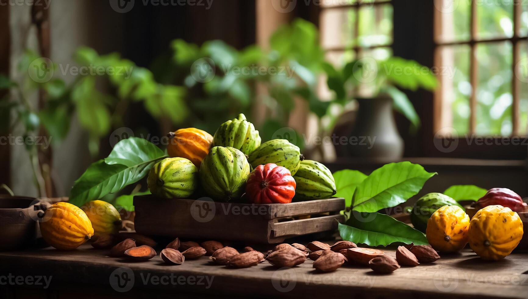 AI generated Ripe cocoa fruits in the kitchen photo