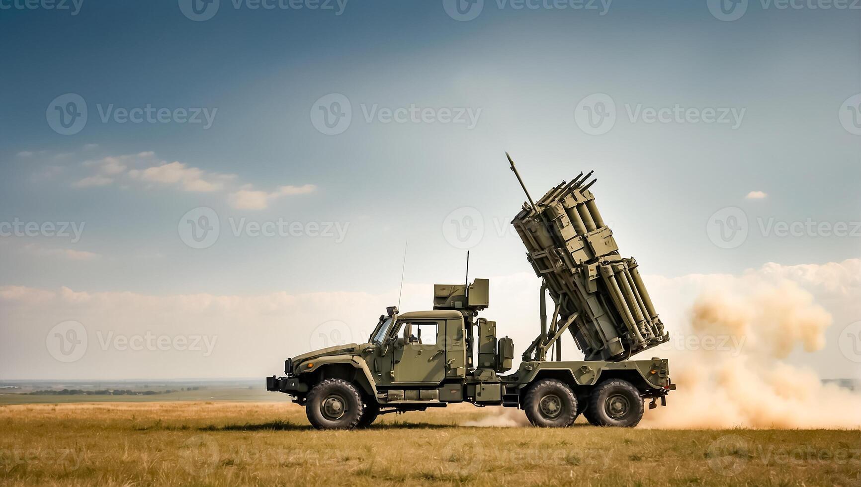 AI generated defense system Patriot in the field, day, background photo