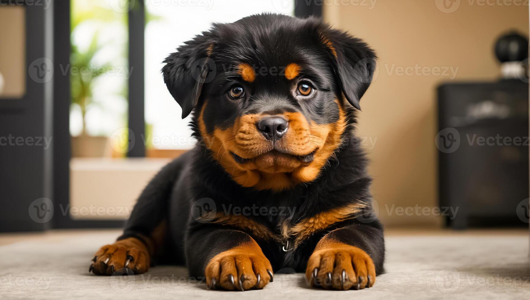 AI generated Cute puppy rottweiler in the house photo