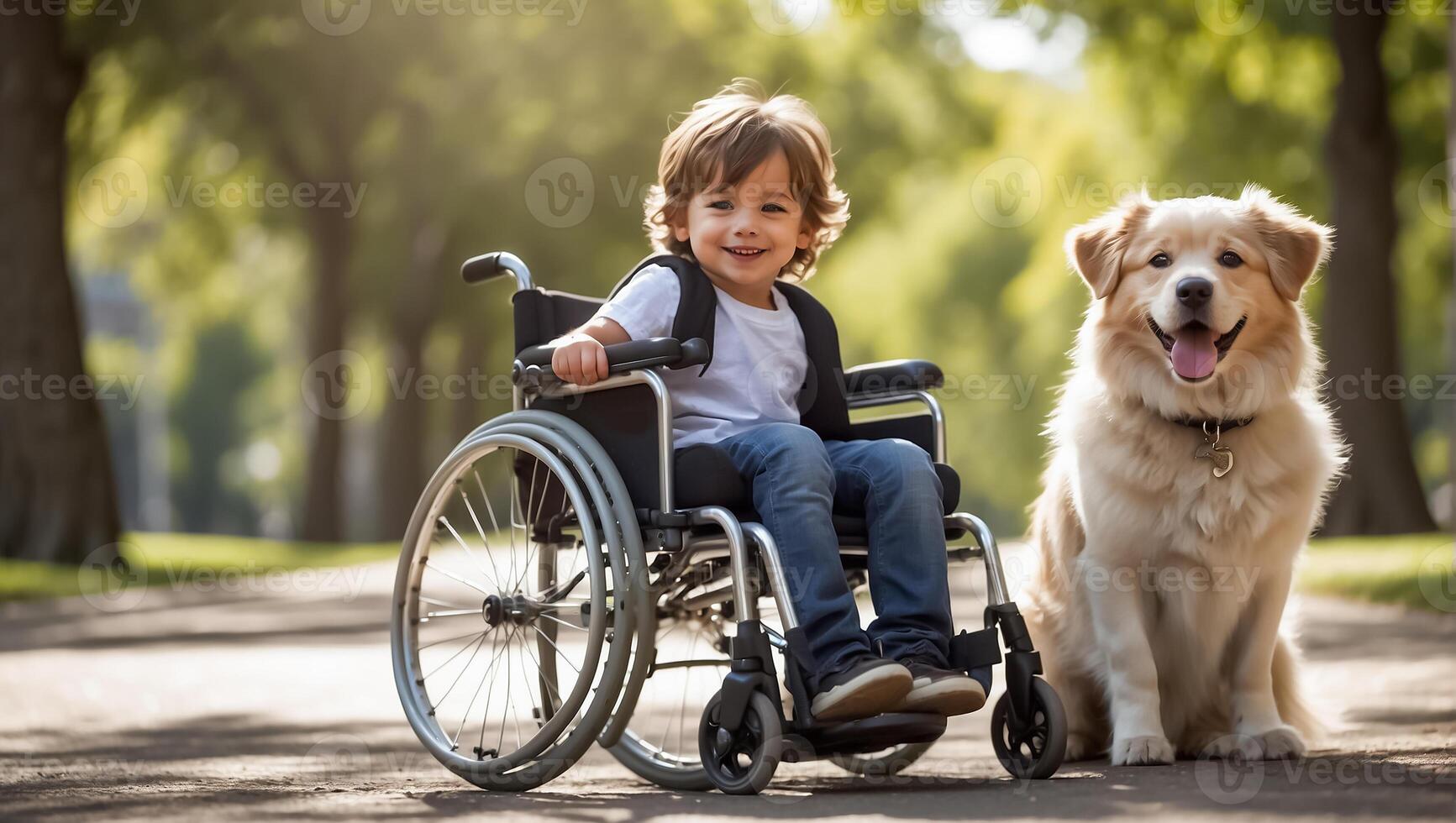 ai generado pequeño chico en un silla de ruedas en el calle con un perro foto