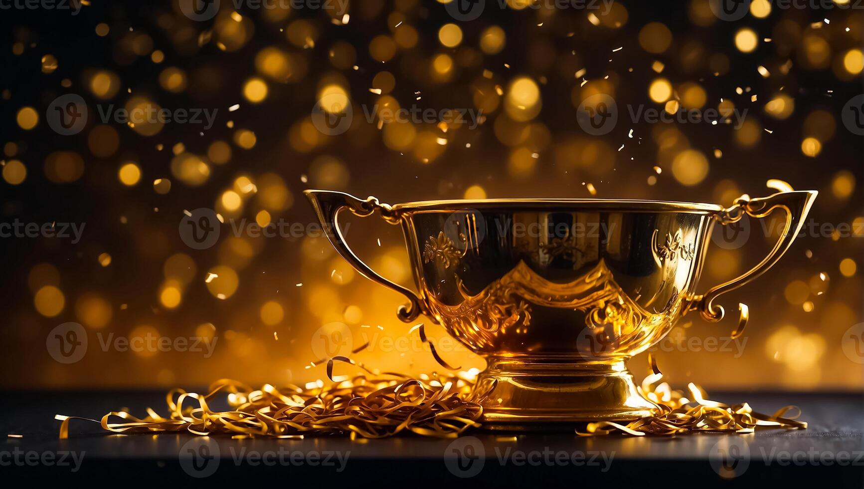 AI generated Golden winner cup on dark background photo