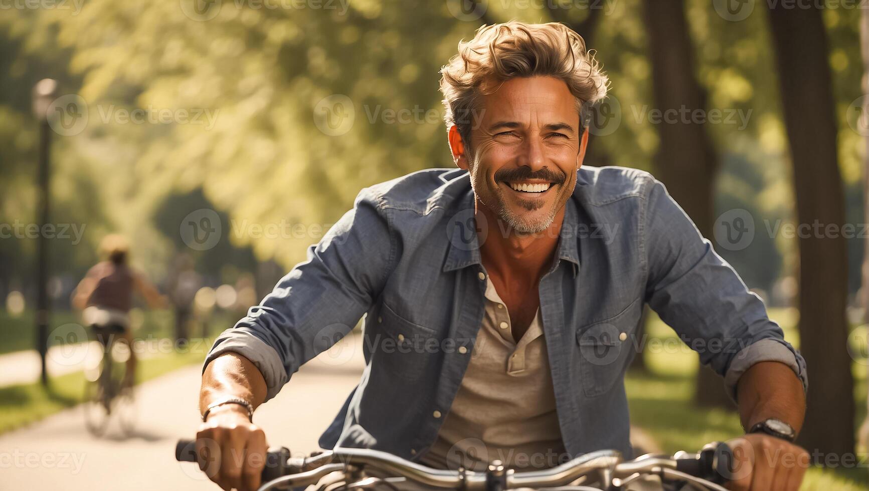 AI generated Portrait of a happy adult man riding a bicycle in the park photo