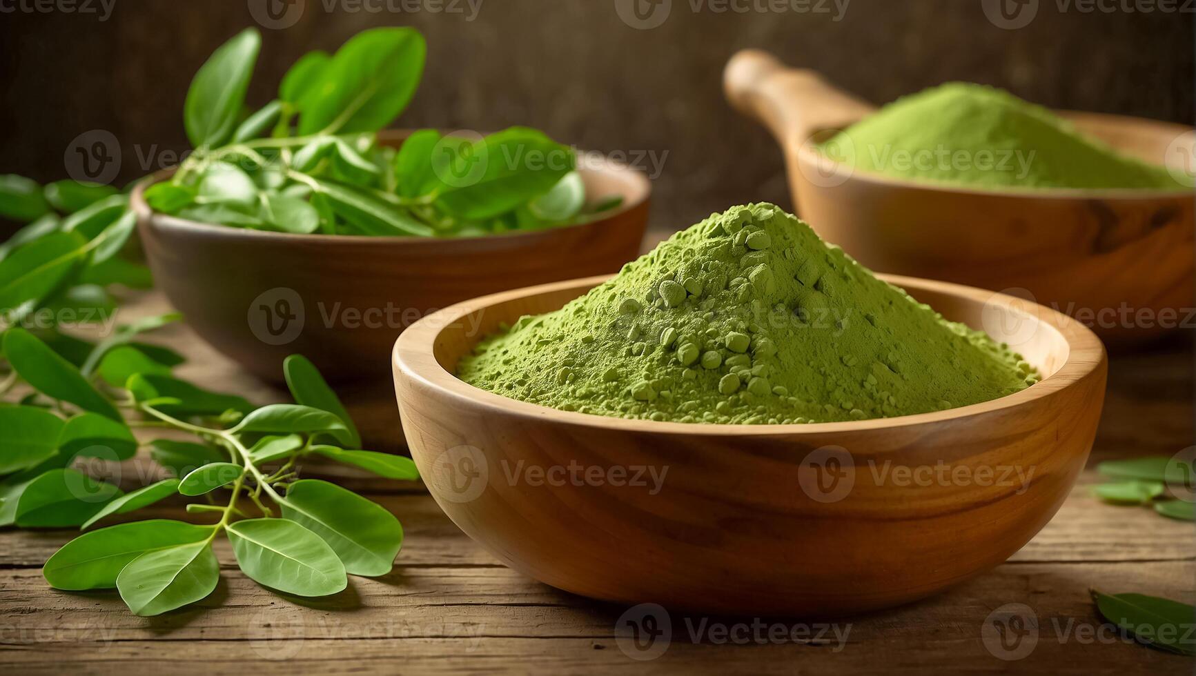 AI generated moringa powder in wooden bowl, fresh leaves photo