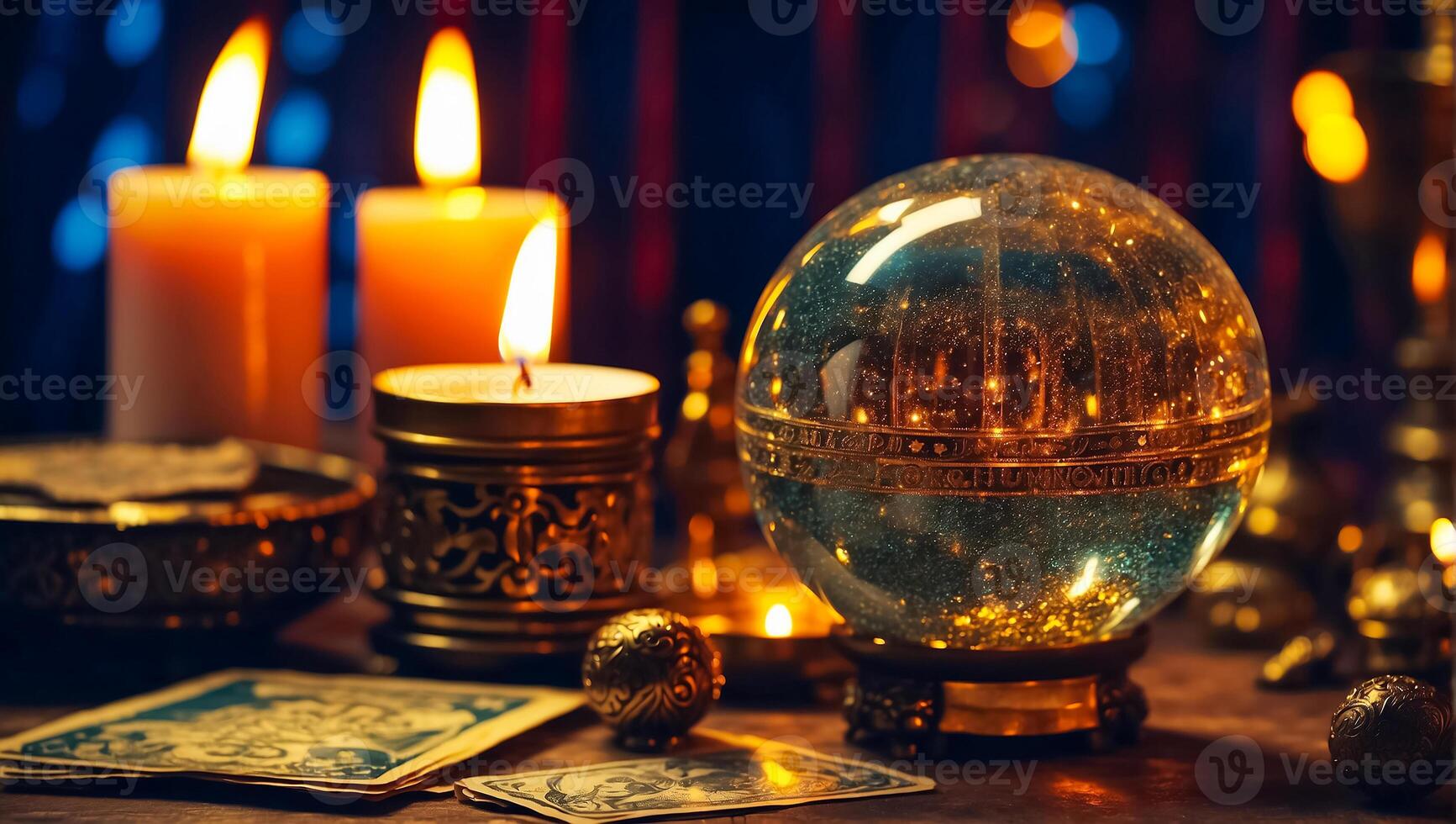 AI generated Magic ball, candles background photo